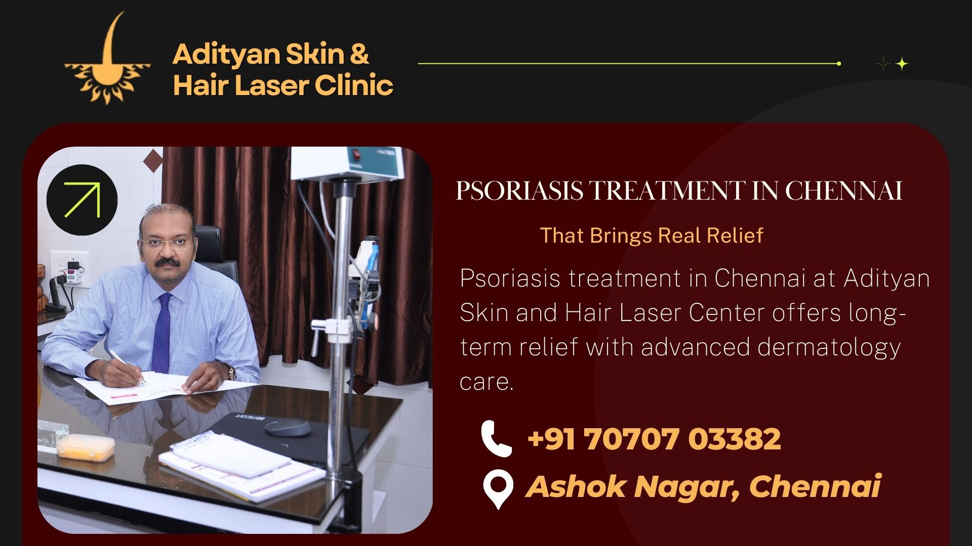 Psoriasis treatment in Chennai at Adityan Skin and Hair Laser Center offers long-term relief with advanced dermatology care.