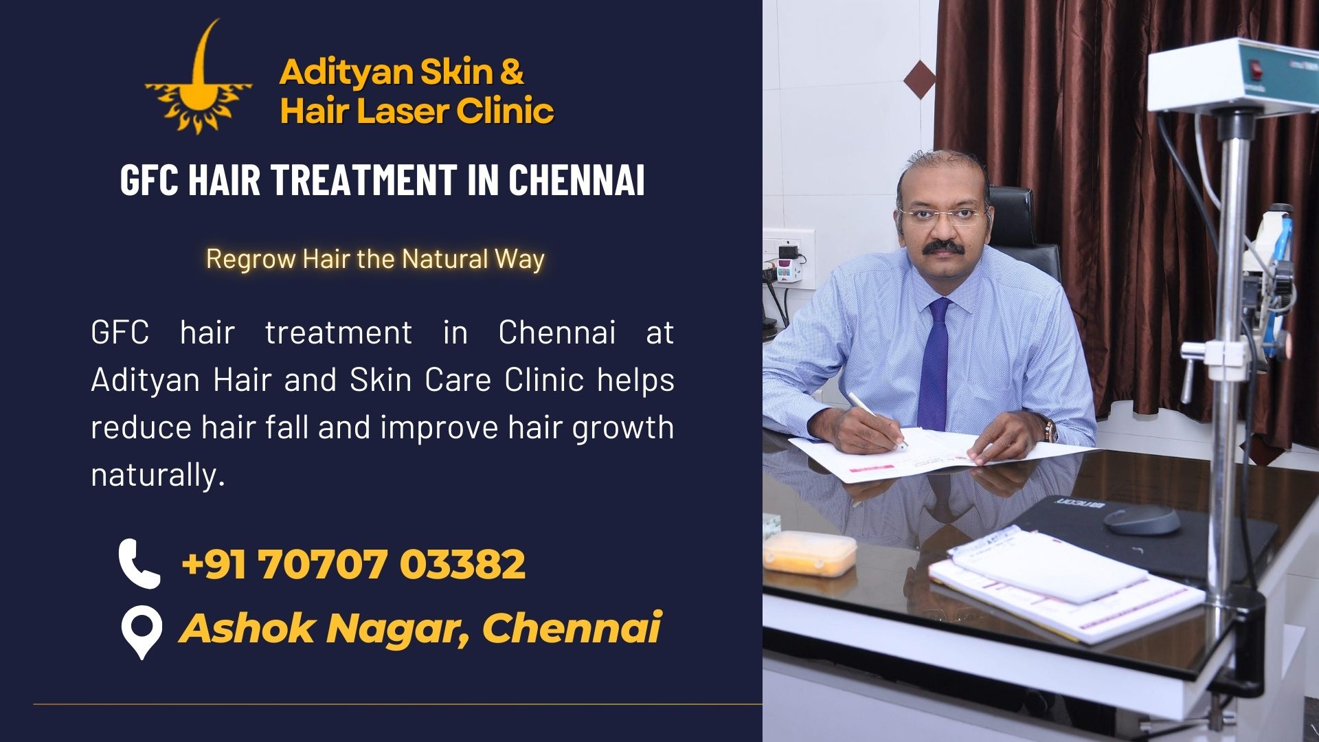 GFC hair treatment in Chennai at Adityan Hair and Skin Care Clinic helps reduce hair fall and improve hair growth naturally.