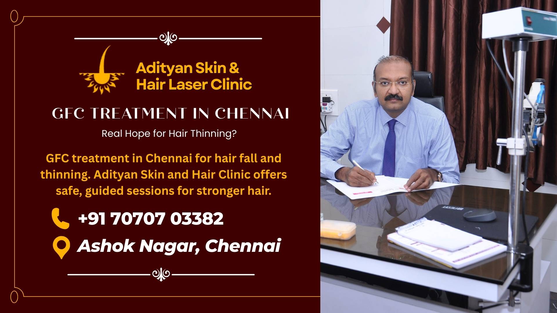 GFC treatment in Chennai at Adityan Skin and Hair Clinic for hair fall and hair thinning under expert care