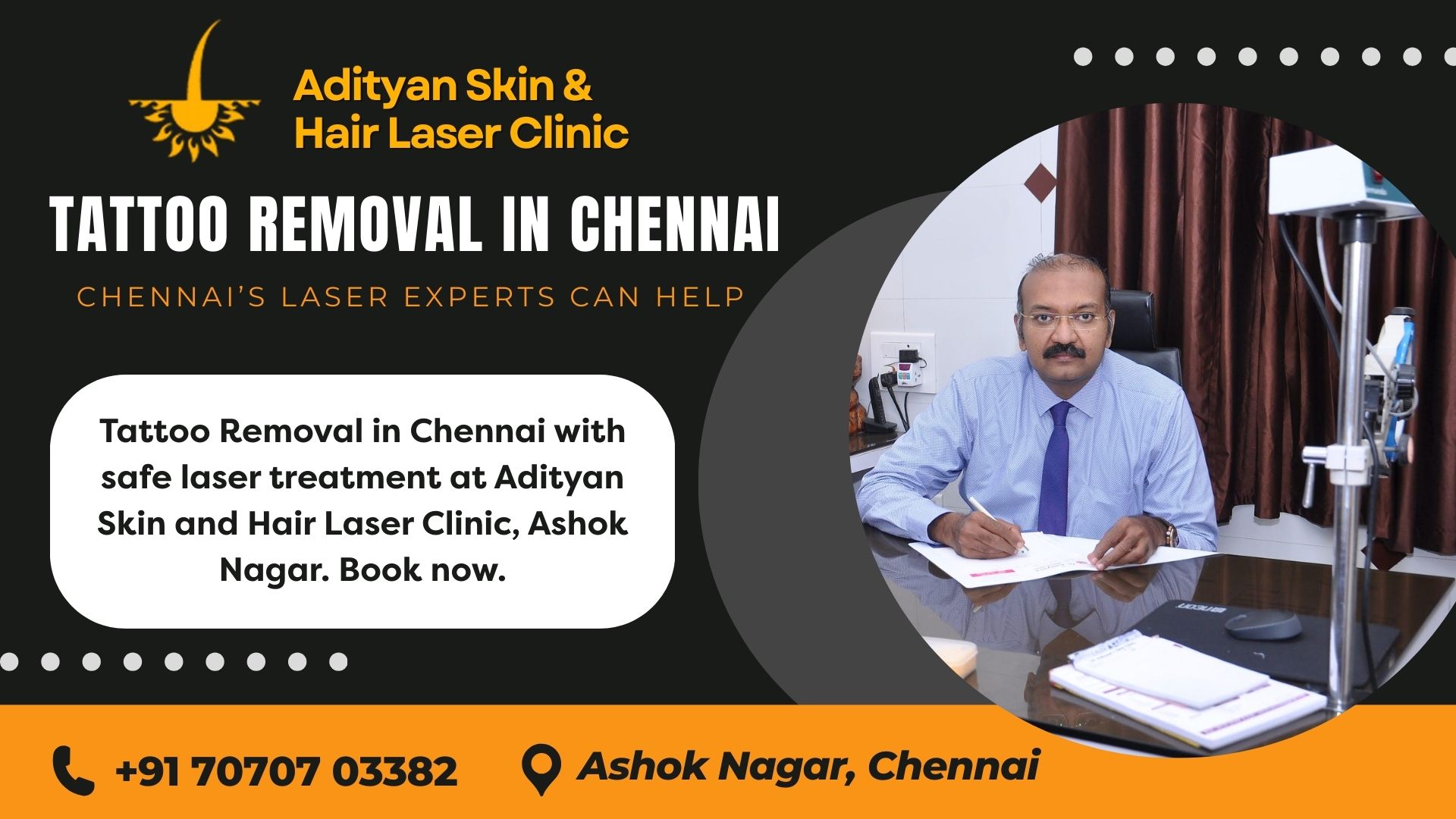 Tattoo Removal in Chennai with safe laser treatment at Adityan Skin and Hair Laser Clinic, Ashok Nagar. Book now.
