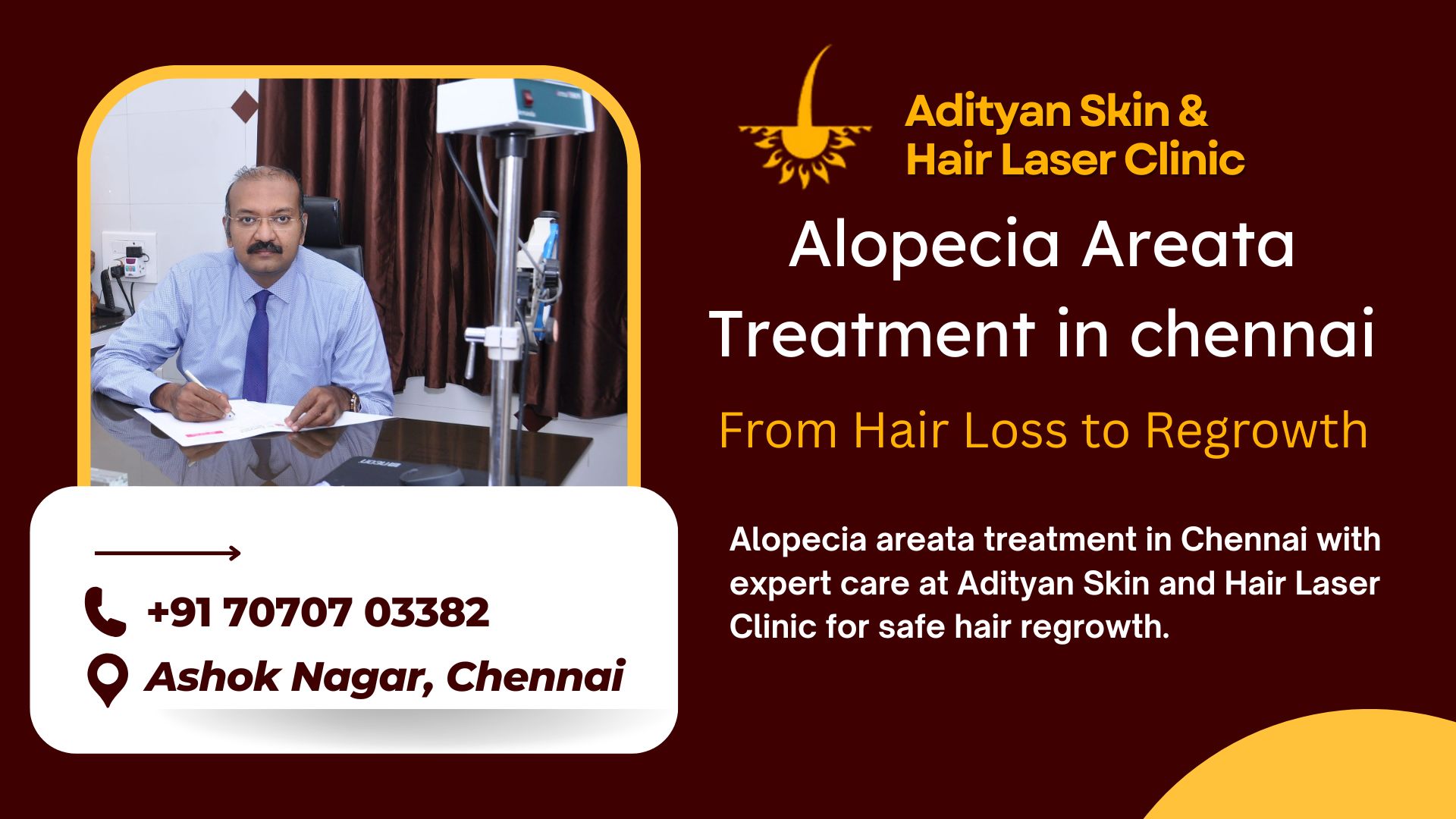 Alopecia areata treatment in Chennai with expert care at Adityan Skin and Hair Laser Clinic for safe hair regrowth.