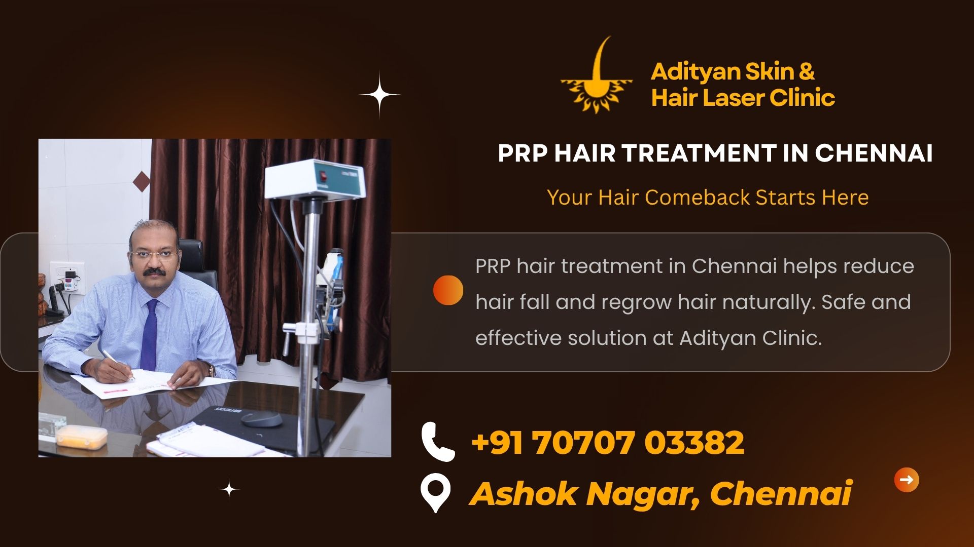 PRP hair treatment in Chennai helps reduce hair fall and regrow hair naturally. Safe and effective solution at Adityan Clinic.
