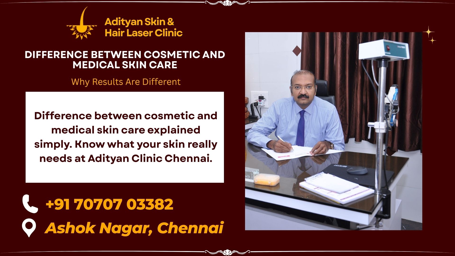 Difference between cosmetic and medical skin care explained simply. Know what your skin really needs at Adityan Clinic Chennai.