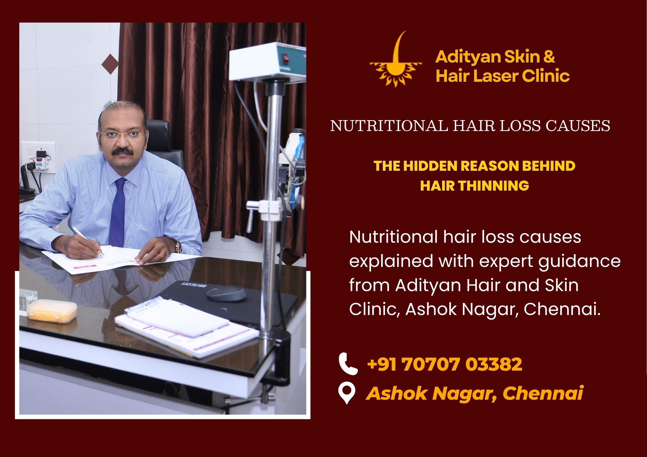 Nutritional hair loss causes explained with expert guidance from Adityan Hair and Skin Clinic, Ashok Nagar, Chennai.