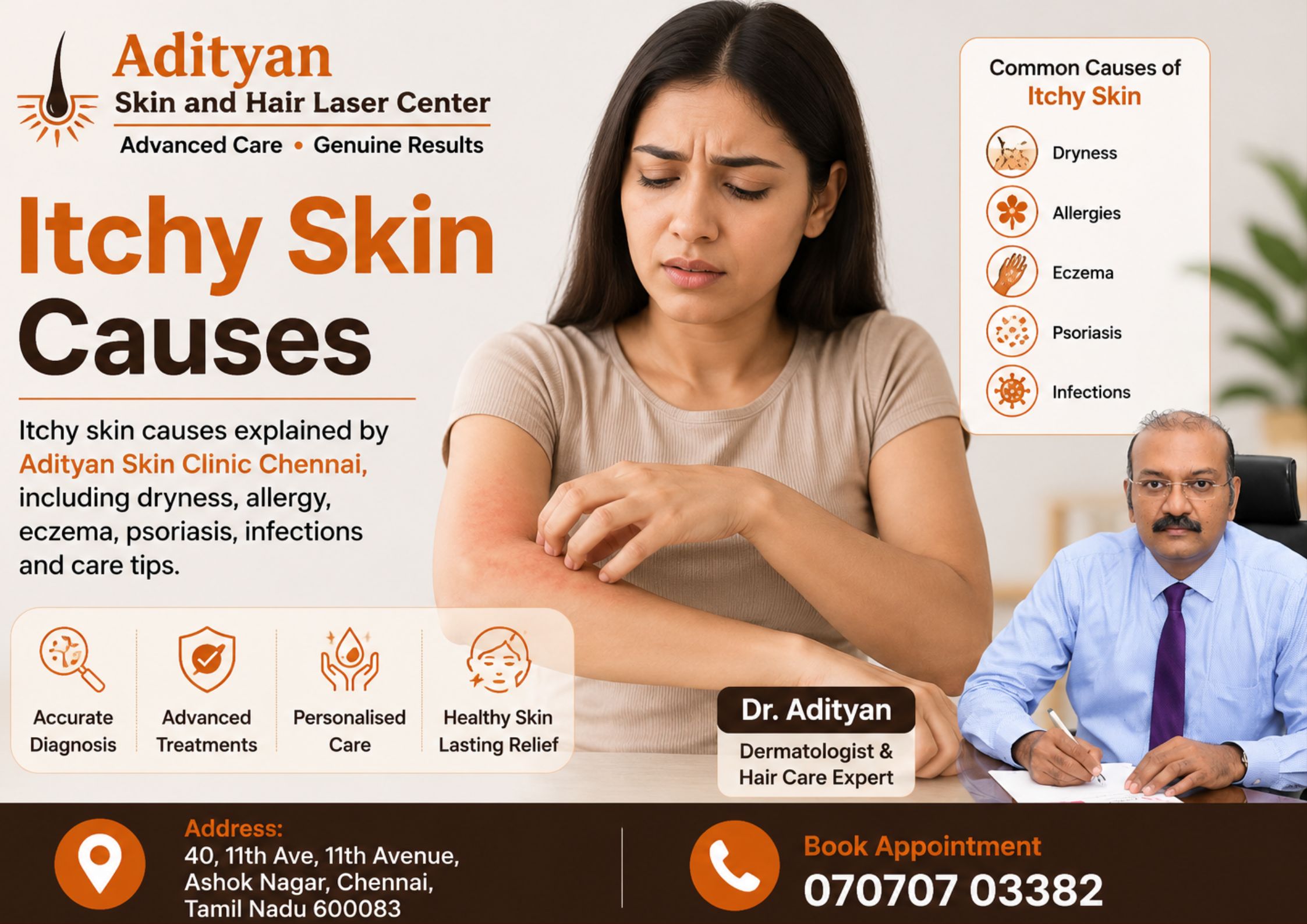 Itchy skin causes explained by Adityan Skin Clinic Chennai, including dryness, allergy, eczema, psoriasis, infections and care tips.