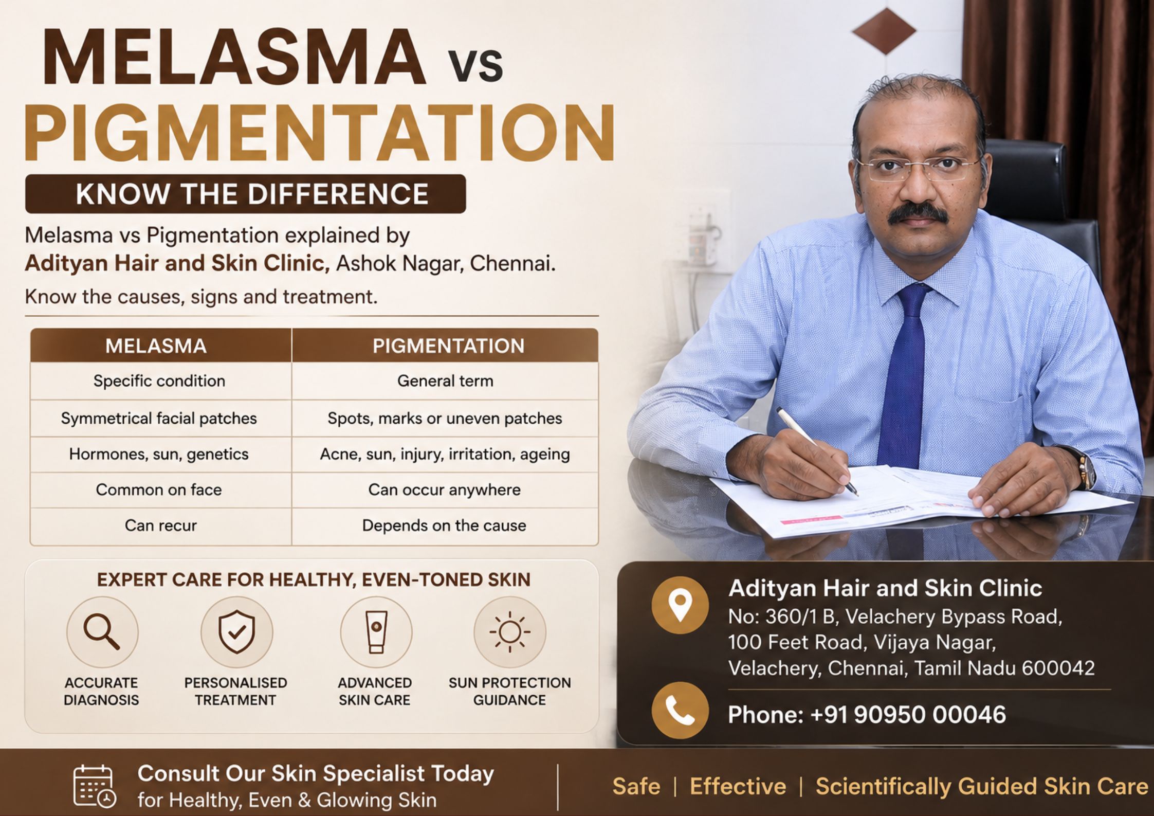 Melasma vs Pigmentation explained by Adityan Hair and Skin Clinic, Ashok Nagar, Chennai. Know the causes, signs and treatment.