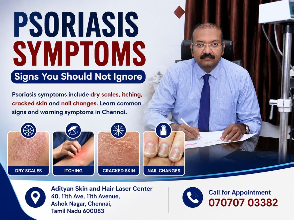 Psoriasis symptoms include dry scales, itching, cracked skin and nail changes. Learn common signs and warning symptoms in Chennai.