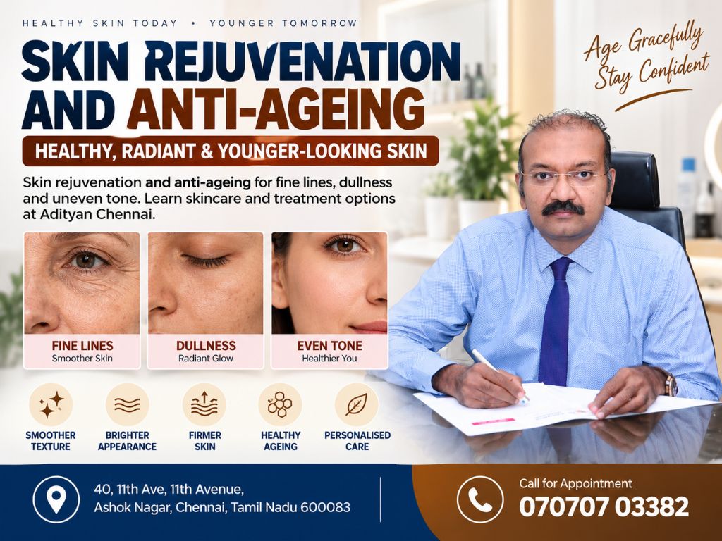 Skin rejuvenation and anti-ageing for fine lines, dullness and uneven tone. Learn skincare and treatment options at Adityan Chennai.