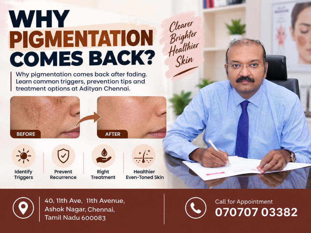 Why pigmentation comes back after fading. Learn common triggers, prevention tips and treatment options at Adityan Chennai.