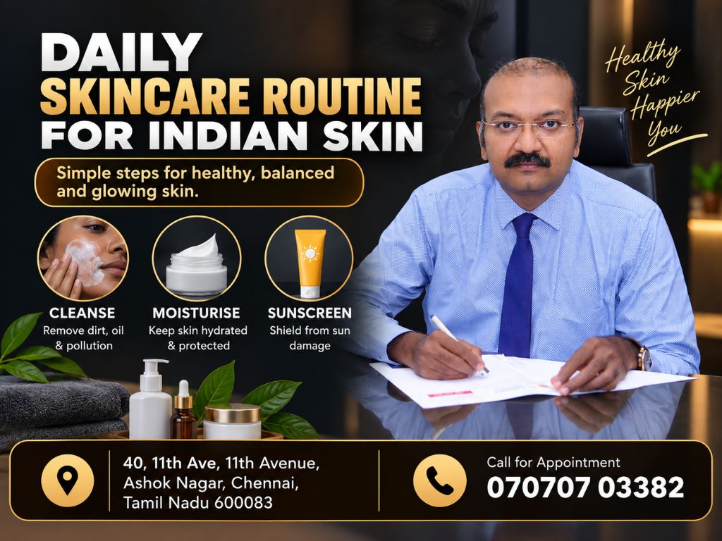 Daily skincare routine for Indian skin with simple cleansing, moisturising and sunscreen tips for healthy, balanced and glowing skin.