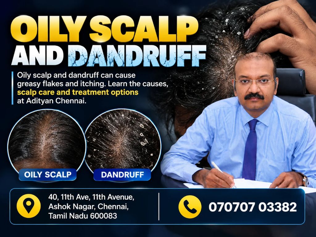 Oily scalp and dandruff can cause greasy flakes and itching. Learn the causes, scalp care and treatment options at Adityan Chennai.