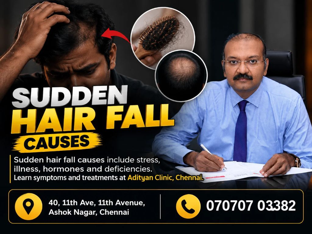 Sudden hair fall causes include stress, illness, hormones and deficiencies. Learn symptoms and treatments at Adityan Clinic, Chennai.